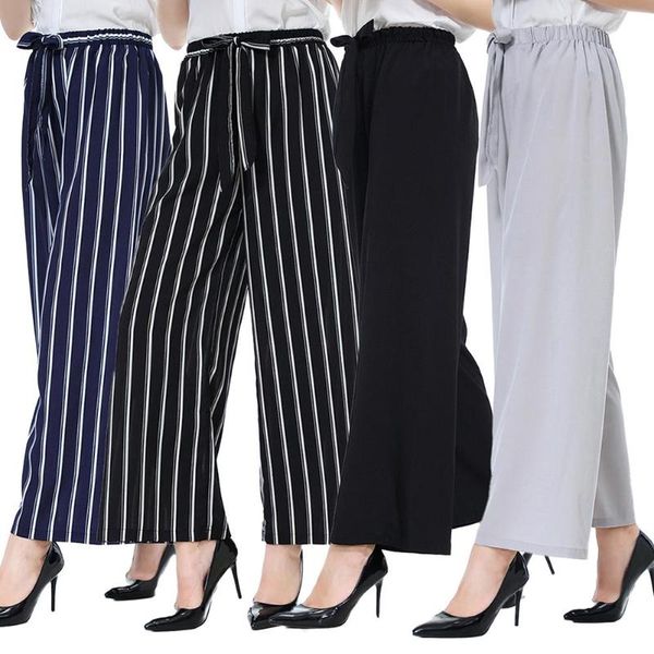 

casual office women solid color/striped drawstring wide leg trousers loose long pants 2020 high waist striped trousers, Black;white