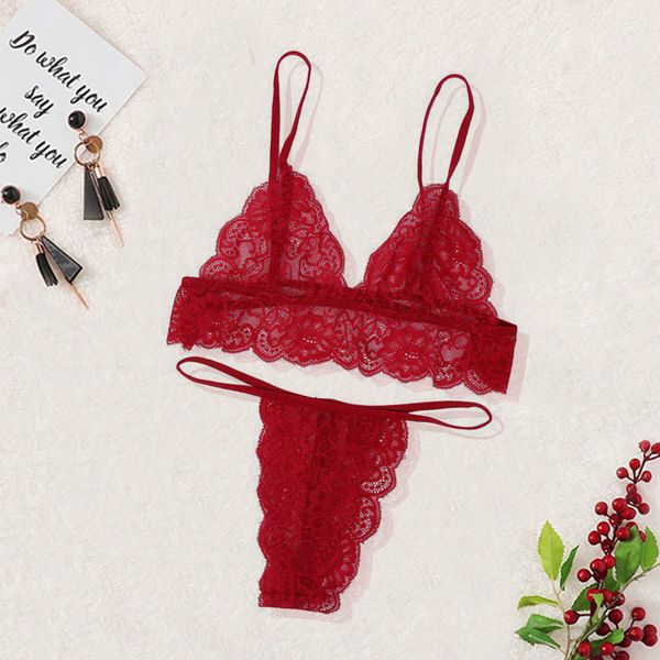 

lingerie set women transparent see through lace bra set floral red g-string underwear nightwear bra and panty sets, Red;black