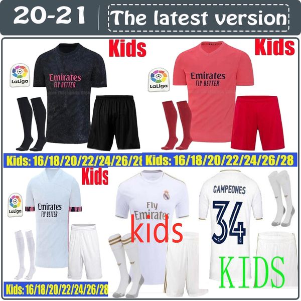 

kids 20 21 real madrid soccer jerseys short home away third soccer kit hazard zidane benzema football shirt camiseta de futbol kids sets, Black