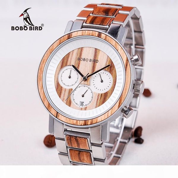 

bobo bird r01 watch men quality wooden wristwatch relojes hombre male show date gift saat erkek timepieces stainless steel and wood, Slivery;brown
