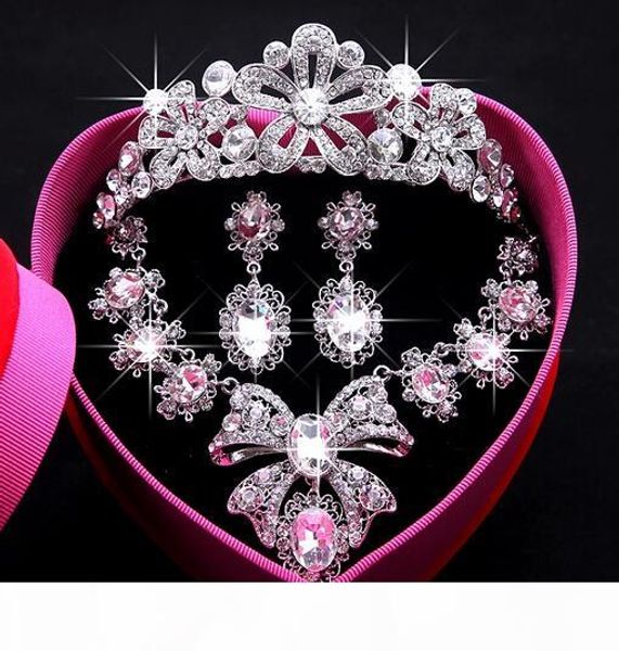 

2017 sell new luxury rhinestone necklace earrings three-piece bridal wedding tiaras crown hair accessories box, Slivery;golden