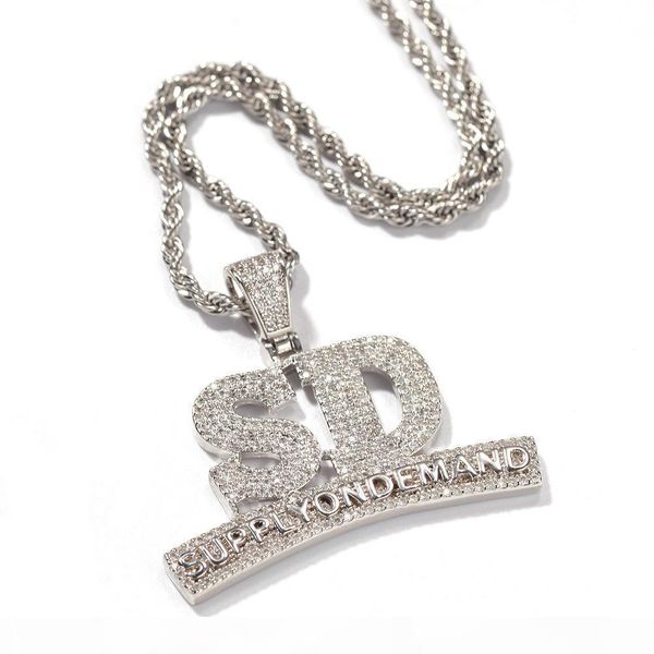 

k men gold necklace iced out 14k gold plated hip hop jewelry bling cubic zirconia letters sd pendant necklaces, Silver