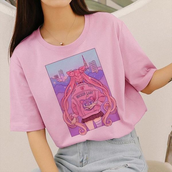 

sailor moon cute cat эстетическая аниме печати розовый kawaii японском стиле new harajuku vogue повседневный короткий рукав short top женска, White