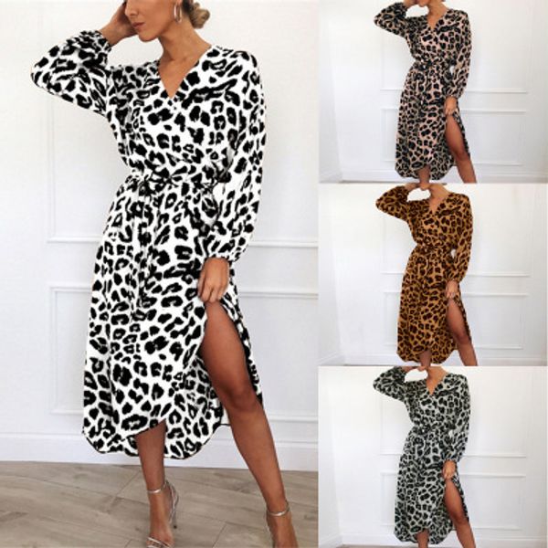 

women's dresses womens v-neck high waist leopard dress 2020 new autumn style dress ladys designer leopard irregular dresses quality, Black;gray