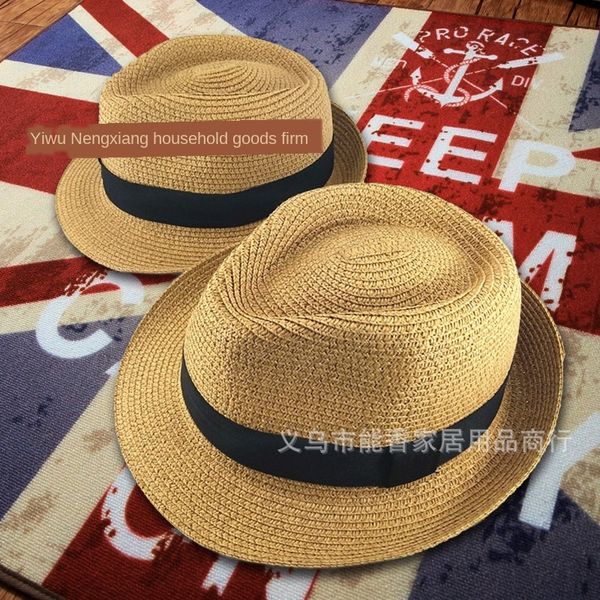 

korean british curly curled parent-child couples british jazz straw outdoor beach straw hat sun hat, Blue;gray