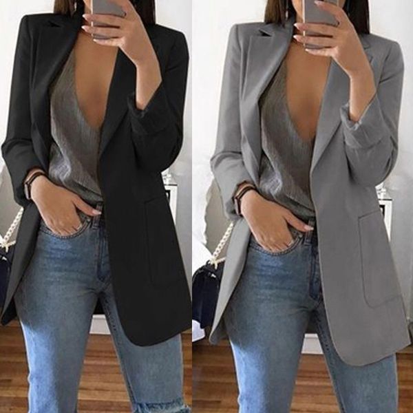 

autumn fashion blazer jacket women casual notched collar pockets long sleeve plus size work suit coats office lady solid blazers, Black;gray