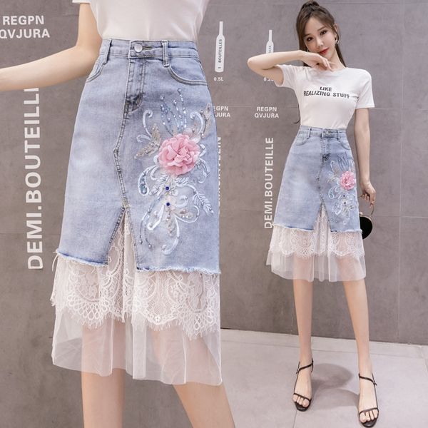 

pyzqs 2020 a- line denim skirt summer new stitching mesh three-dimensional flower embroidery beaded elegant denim skirt women's a- line, Black