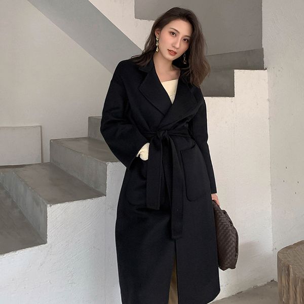 

eam] loose fit black vent brief bandage long woolen coat parkas new long sleeve women fashion tide autumn winter 2020 1x591