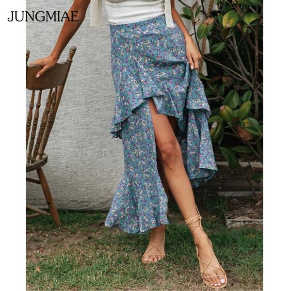 

jungmiae women elegant irregular ruffles floral print skirt elastic high waist split spring summer skirts, Black