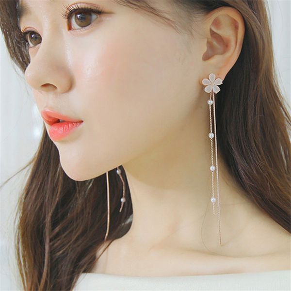 

2020 fashion long earrings zircon flower sakura heart dangle drop earring for women girl chain tassel earring party jewelry, Silver