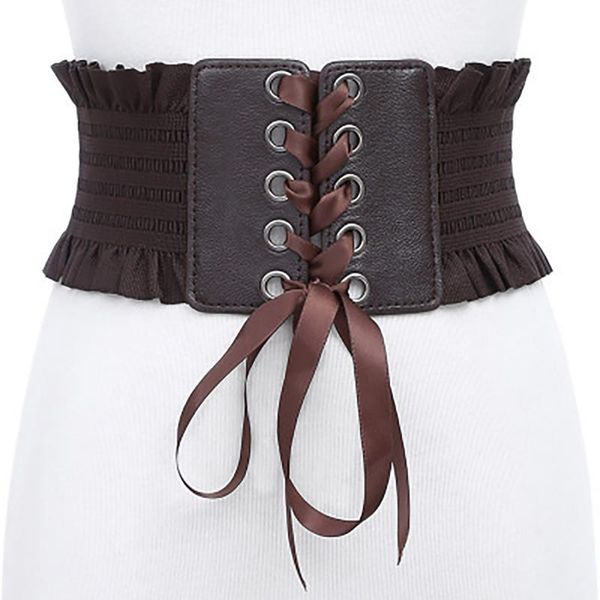 

women belt elastic bowknot tie bands tassel wide girdle corset strap fashion adjustable high waist girls lace up, Black;brown