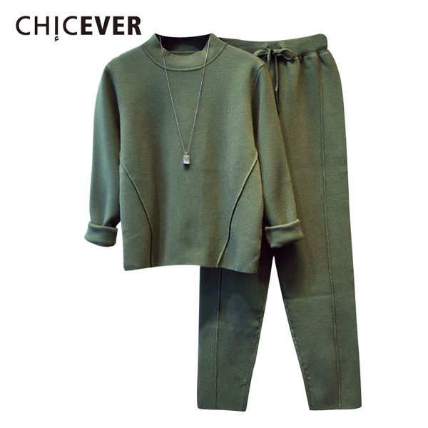 

chicever korean two piece set for women o neck long sleeve knitted sweatshirt harem pants plus size suit female 2020 fashion new, White