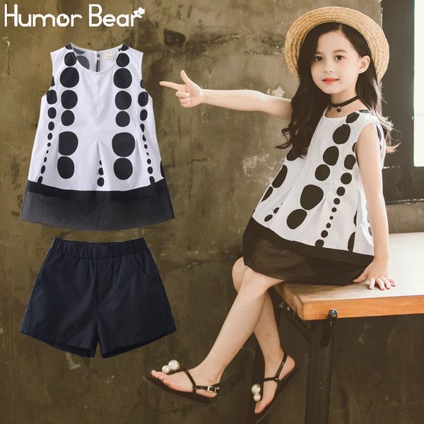 

humor bear big girl clothes kids girls suit korean sleeveless polka dot t-shirt+ shorts 2pcs girls clothing sets 4-13y, White