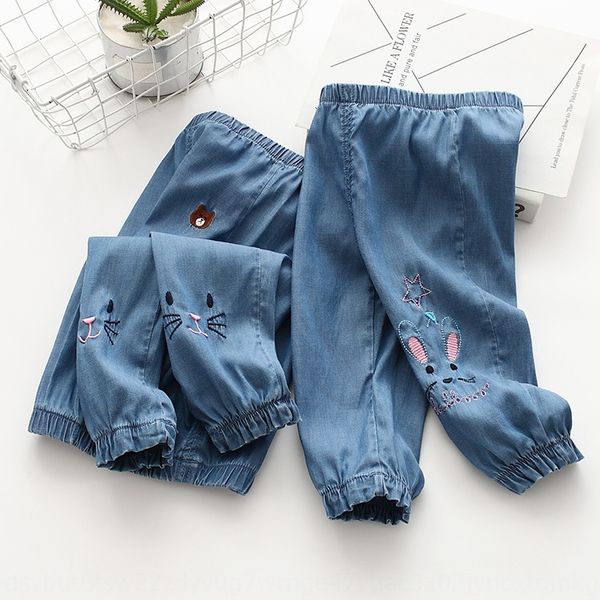 

optional size 2020 summer korean style boys' and girls and embroidered jeans ' cartoon embroidery elastic closed tencel jeans, Blue