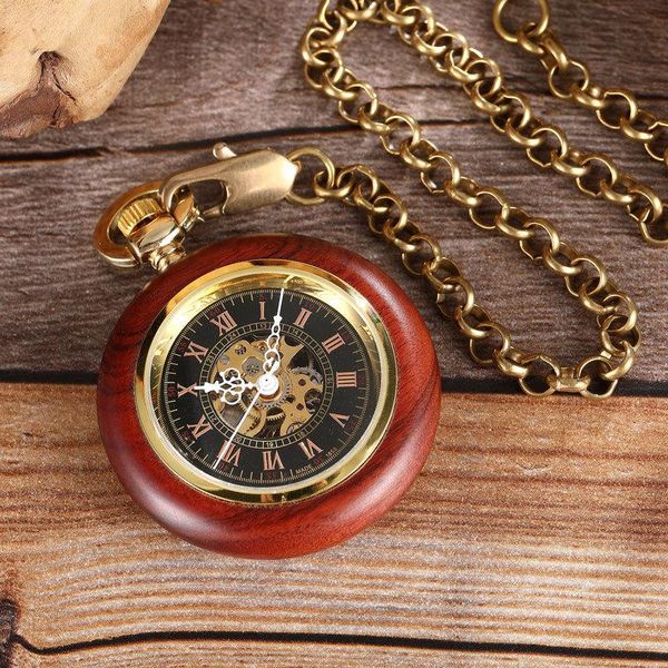 

round wooden mechanical pocket watch luxury red black wooden watch hand winding skeleton fob watches men women clock gifts reloj t200502, Slivery;golden