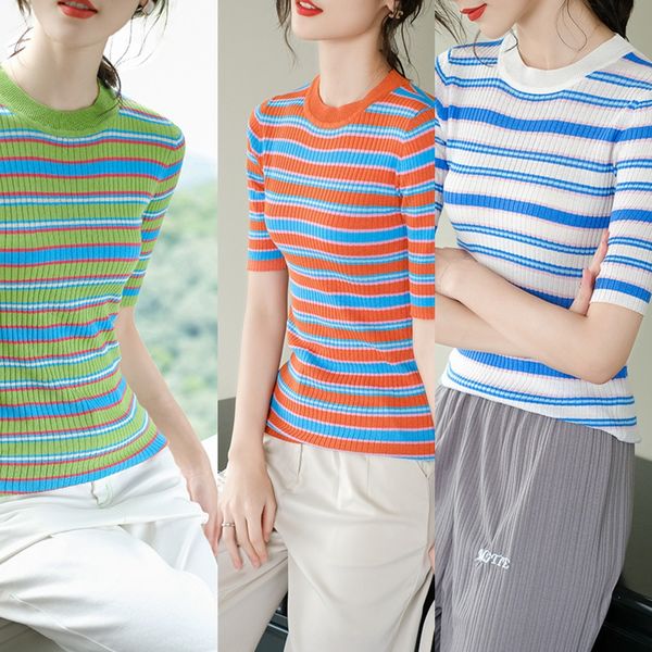 

s0sbg slim fit short half sleeve ice linen knitted coat base casual striped thin slim fit short half sleeve ice linen knitted coat base, White