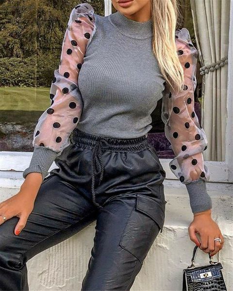 

new women polka dot mesh sheer see through long sleeve knitted blouse shirts elegant party female pullover blusas, White