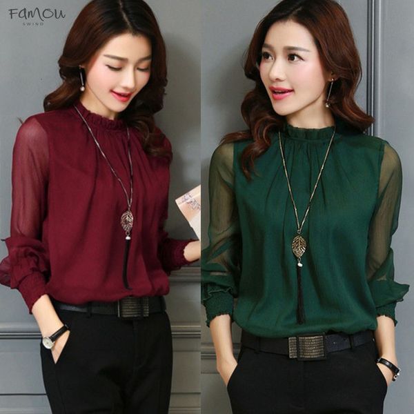 

us warehouse 2020 spring autumen lace women chiffon blouse ladies long sleeve women korean clothing solid stand neck transparent shirts, White