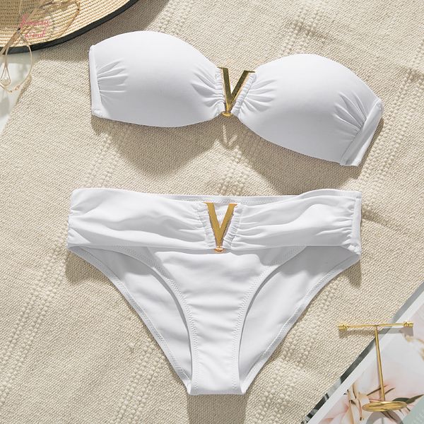 

white push up woman swimsuit 2020 new summer beach bikini set solid swimming suit for women swimwear bandeau bathing suit, White;black