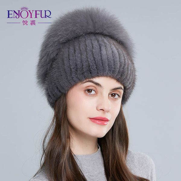 

enjoyfur women winter natural mink hats hand-woven fluffy fur fashion rhinestone girl bonnet warm female elastic ski beanies, Blue;gray