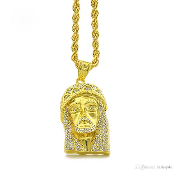 

men's iced out jesus face pendant with a 30 inch rope chain necklace 18k gold plated cz jesus pendant gold silver hip hop jewelry