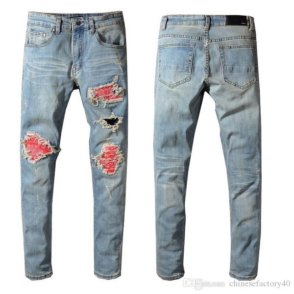 

mens jeans designer ripped man hip hop jeans slim denim straight biker brand ami blue motorcycle jeans red patches