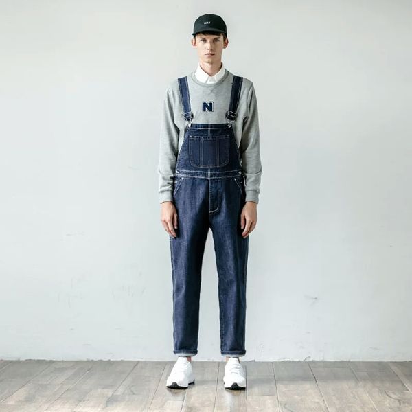 

men's denim overalls, loose one-piece tooling straight pants, elastic large size xxl 3xl suspenders jeans for men, Blue