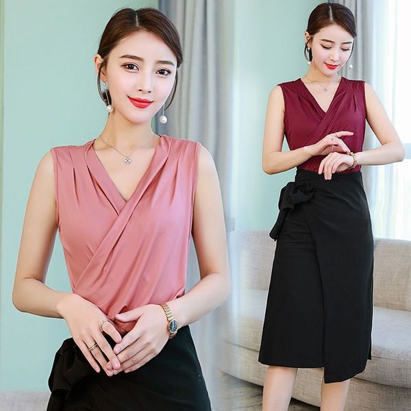 

ybdcl summer new western style small belly-covering slimming cross v-neck base women's sleeveless vest shirt t-shirt large size thin, White