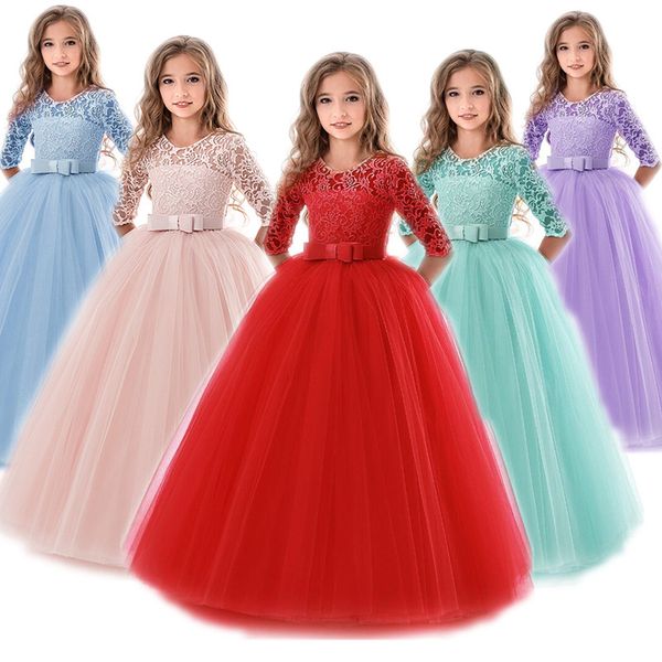 

6 to14 years baby girls dress flower long lace frocks elegant children christmas prom gowns dresses girl party kids evening wear, Red;yellow