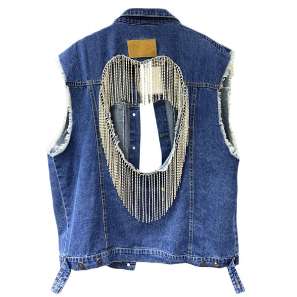 

street wear denim vest coat for women 2020 summer autumn cool rock shiny diamond tassel hollow heart-shaped back jeans waistcoat, Black;white