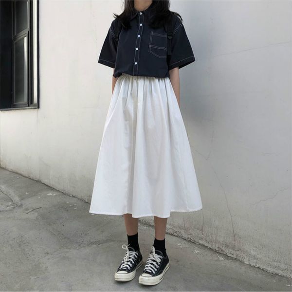 

women spring summer skirts preppy style simple loose high waist elastic solid color a-line all match cotton skirt for student, Black