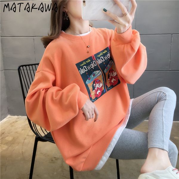 

matakawa large size thin ladies sweatshirt 2020 autumn printed cartoon fake two-piece hoodies women loose round neck pullovers, Black