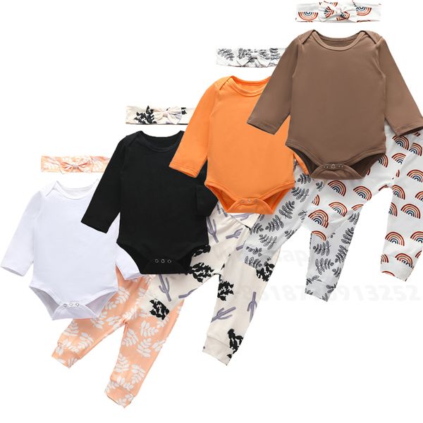 

clothing sets infant baby fall spring winter long-sleeved romper+ cute print cactus trousers+ hairband born boy girl, White