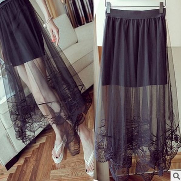 

19 spring and summer women's new lace screen net irregular hem lace mesh skirt with large hem, Black