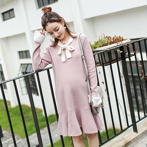 

lovely bow pregnancy dress winter fashion tasseled sweater maternity gowns long sleeve maternity gown pregnant dresses for women, White
