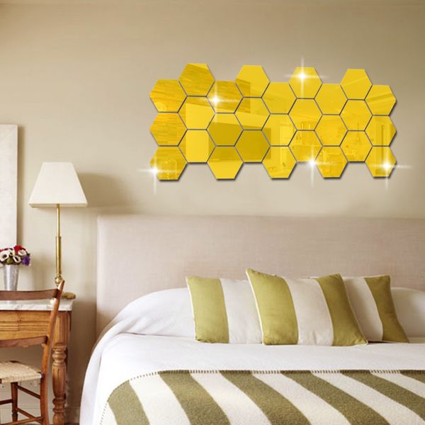 

chinese mainland acrylic solid geometry hexagonal mirror wall stickers diy with self adhesive removable home decoration stickers 5 colors
