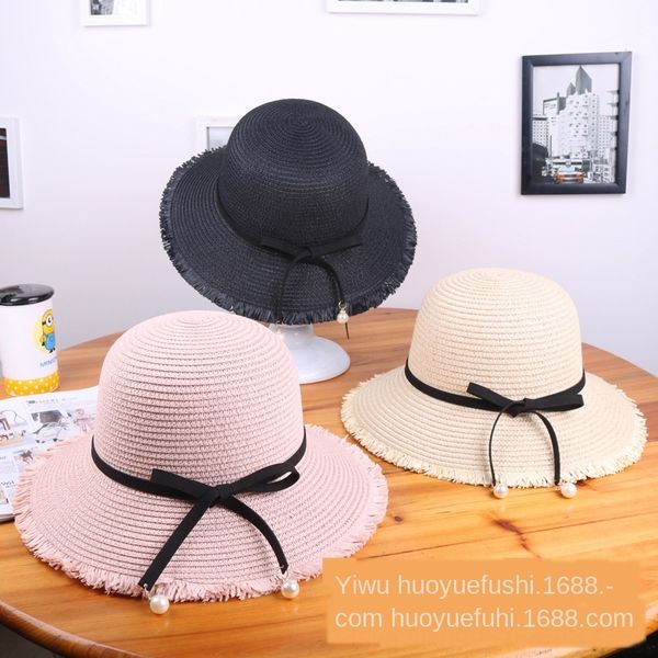

korean style bowknot pearl straw sunscreen big eaves straw new ladies sunscreen hat tourism sun hat, Blue;gray