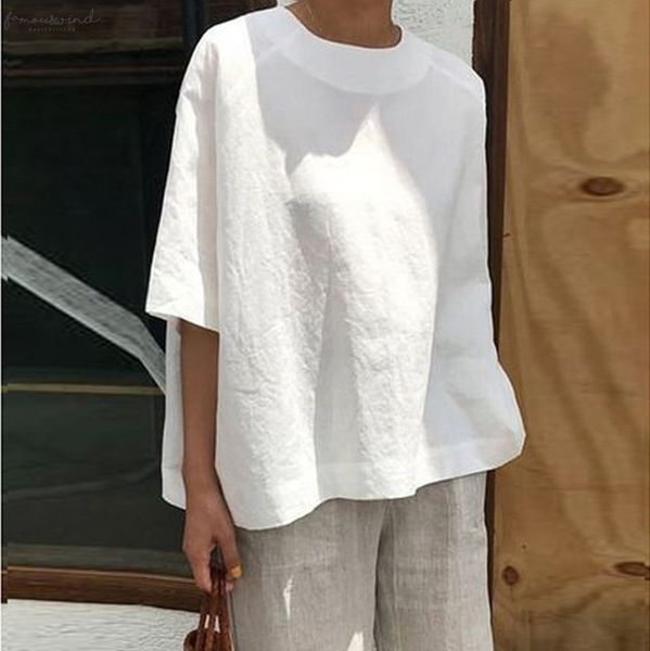 

woman blouse clothing casual loose linen patchwork plus size lady daily blouse shirts blusas de mujer verano 2020, White