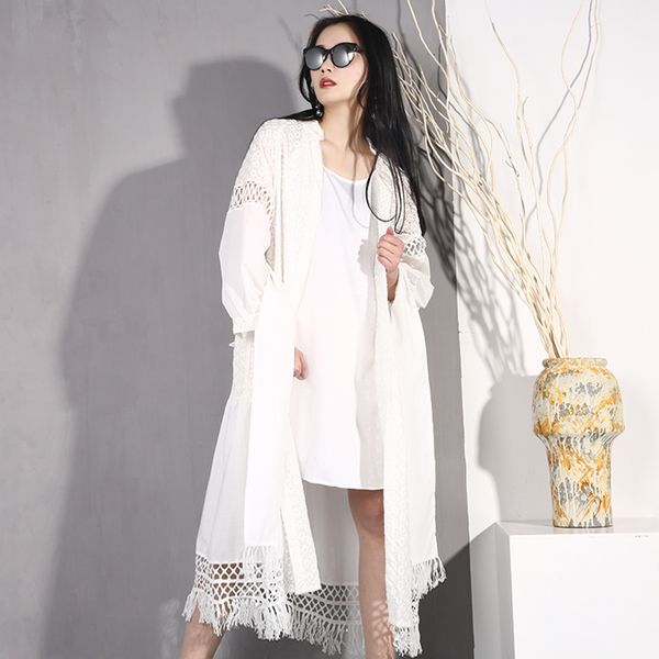 

lanmrem 2020 new solid v-neck hollow sashes vintage white dress for women summer loose long type bandage elegant clothes s08900, Black;gray