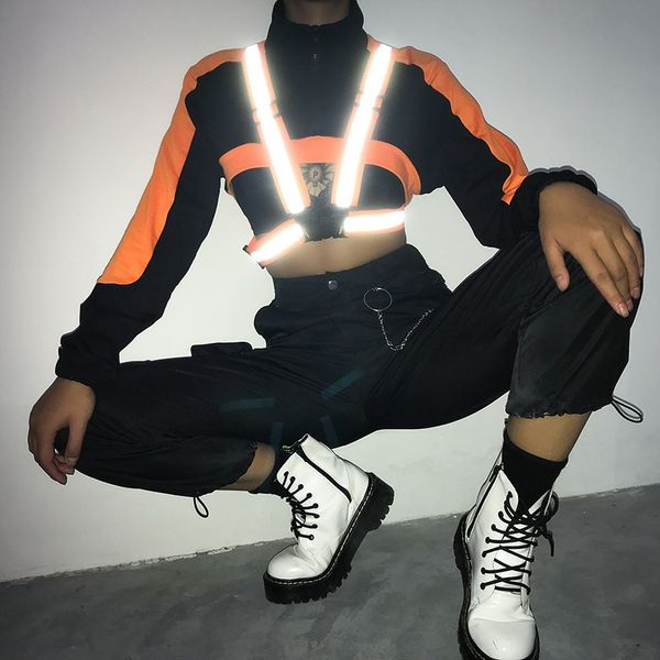 

hip hop avant-garde contrast color reflective stitching booklong sleeve t-shirt women's t-shirt shoulder strap shoulder strap 2020, White