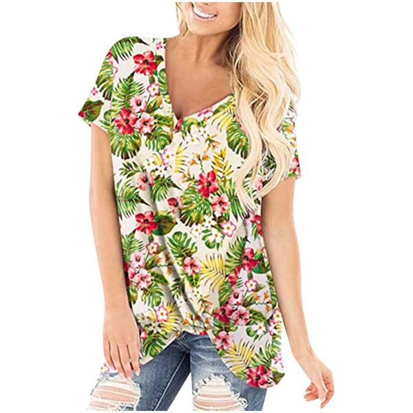 

casual chiffon fashion women print comfy short sleeve v-neck tee t-shirt twist-knot women 2020 summer flowers, White