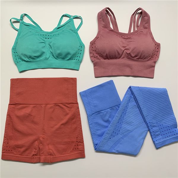 

yoga outfits women seamless set fitness sports suits gym clothing padded push-up bra high waist running leggings workout shorts 4pcs, White;red