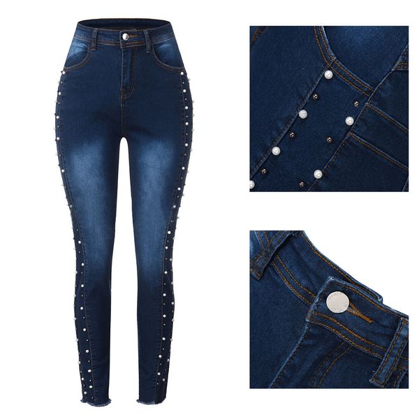 

true uniqes nail bead high waist jeans for women slim skinny elastic denim jeans pants ladies vintage beading push up pencil winter, Blue
