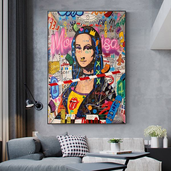 

modern graffiti art mona lisa funny canvas painting posters and prints wall art for living room home decor (no frame