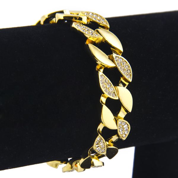 

men hip hop miami cuban link cz bracelet 15mm iced out half stone gold plated 7/8/9inches, Golden;silver