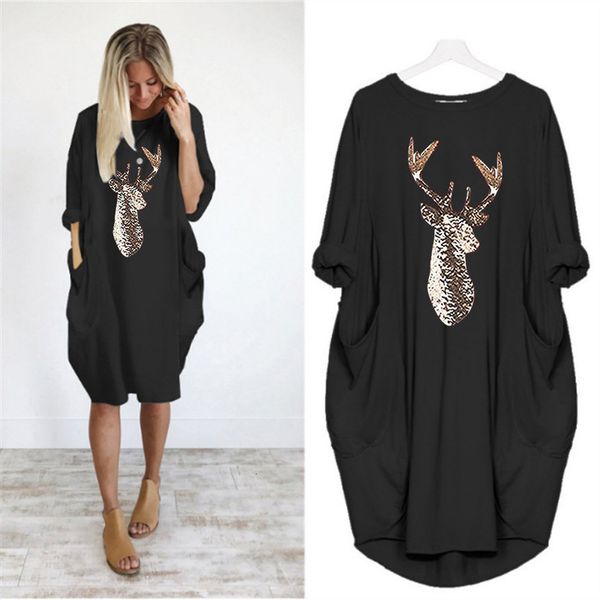 

christmas dress women long sleeve dress harajuku casual knee length dress plus size casual dresses elbise moose print party vestidos, Black;gray