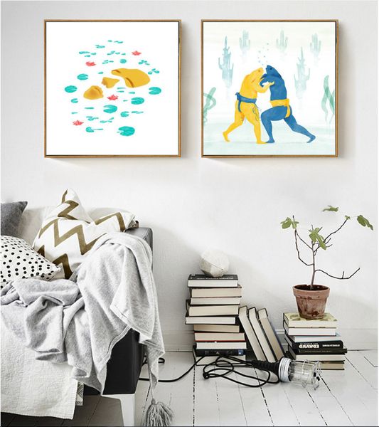

nordic style and sketch sumo frog decorative paintings wall pictures 2 pieces canvas paintings no framed