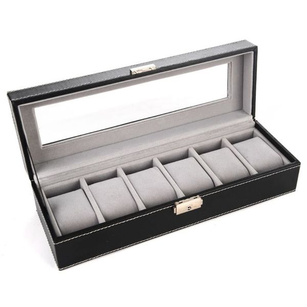 

watch boxes & cases 6-bit box high-end wooden pu leather inside grey fleece bracelet display organizer holder, Black;blue
