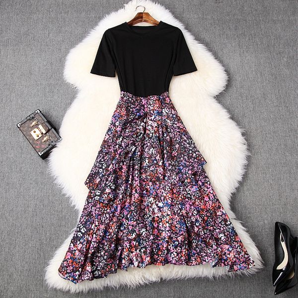 

2020 spring and summer women's new stitching floral fake two-piece slimming t-shirt dress t-shirt flounced french dress t10719, Black;gray