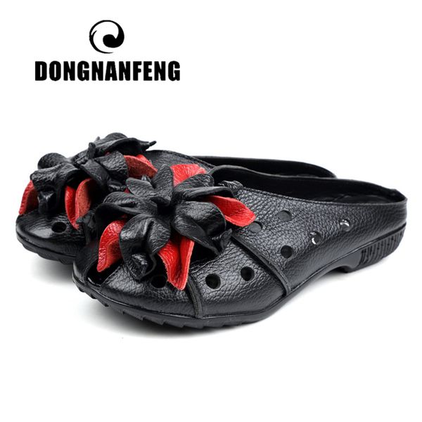 

dongnanfeng women shoes sandals slipper female mother flower floral slip on cow genuine leather beach vintage size 35-40 llts-1, Black
